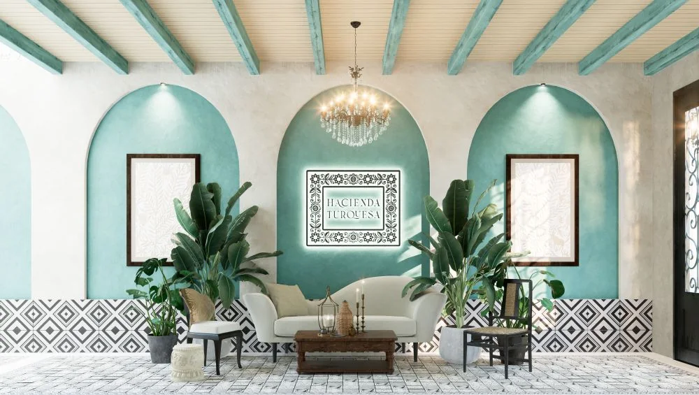 Lobby de Hacienda Turquesa con arcos, vigas turquesa y mosaico mexicano